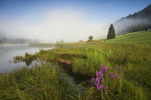 Sunrise and morning fog, Geroldsee or Wagenbruechsee, Kruen near Mittenwald, Werdenfelser Land,