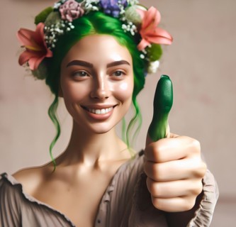 A young woman with flowers in her hair shows off her green thumb, symbolic image nursery, floristry