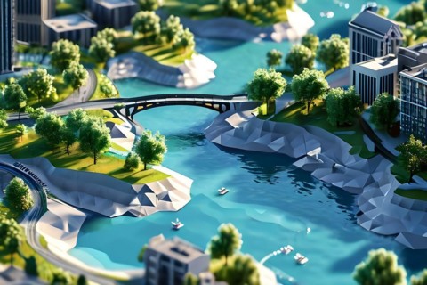 Concept of city park with integrated flood mitigation system water channels and reservoir, AI