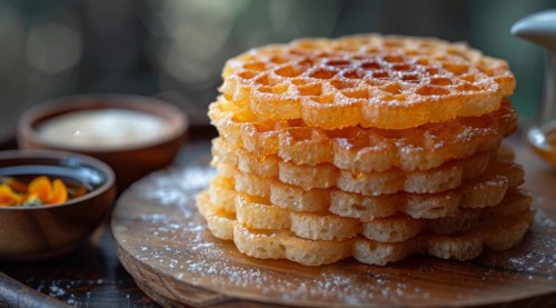 Crispy waffles stacked with caramel drizzle on a wooden board, ai generated, AI generated