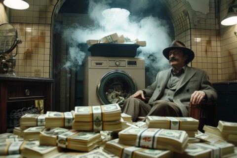 A man in an elegant suit sits relaxed on a chair, surrounded by an overloaded and smoking washing