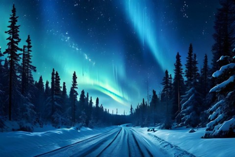 Aurora borealis illuminating the night sky wistfully guiding along a road, AI generated