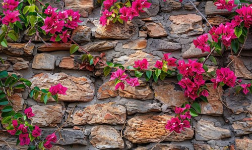 Vibrant pink bougainvillea flowers climbing over a textured stone wall AI generated
