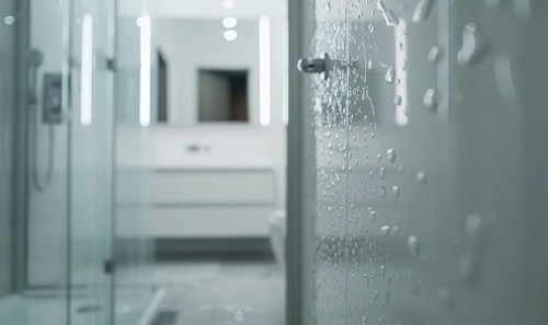 Water droplets cling to a glass shower door with a blurred bathroom backdrop AI generated
