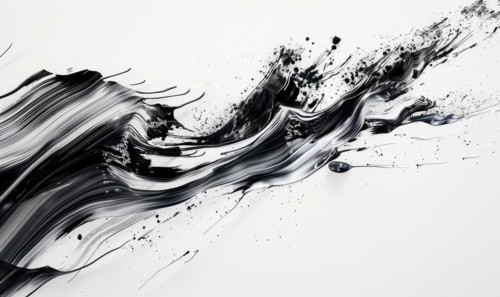 A brush glides across a white canvas. Black, gray and white dramatic strokes. Abstract background