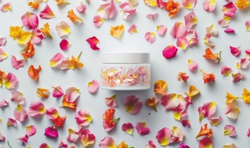 Creme jar blank mockup adorned with flower petals in various hues AI generated