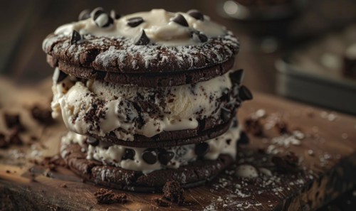 Ice cream sandwich with cookie crunch, closeup AI generated