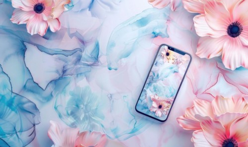 Smartphone mockup on watercolor floral patter AI generated