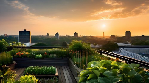 Urban rooftop garden brimming with verdant plants blossoming flowers embodying a sustainable city,