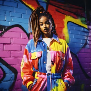 90s fashion collection including overall neon windbreakers tie dye shirts arrayed against a vibrant