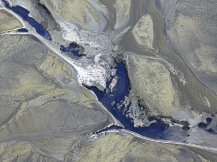 Overgrown river landscape, Eldhraun, near Kirkjubaejarklaustur, drone image, Sudurland, Iceland,