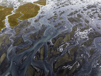 Overgrown river landscape, Eldhraun, near Kirkjubaejarklaustur, drone image, Sudurland, Iceland,