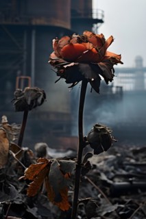 Wilted flower against a backdrop of industrial smokestacks, AI generated