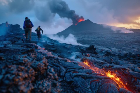 Tourists, hiking group, expedition, onlookers on the way to an active volcano, surrounded by hot,