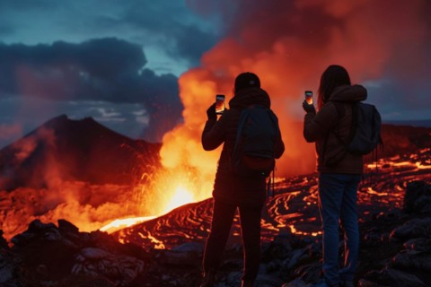 Tourists, onlookers photograph a spectacular volcanic landscape with liquid, partially cooled lava