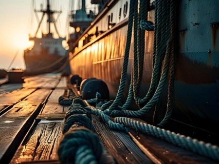 Ropes and bollards securing a ship at the dock at morning, AI generated