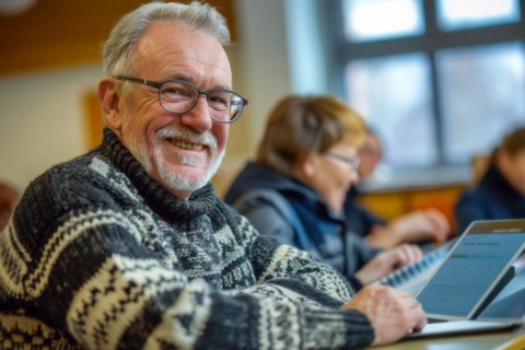 A man of advanced age, senior citizen, sitting with a digital tablet in a course room, training