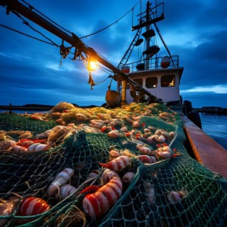 Commercial fishing net cascading onto the dock overflowing with caught shrimp fish and incidentally