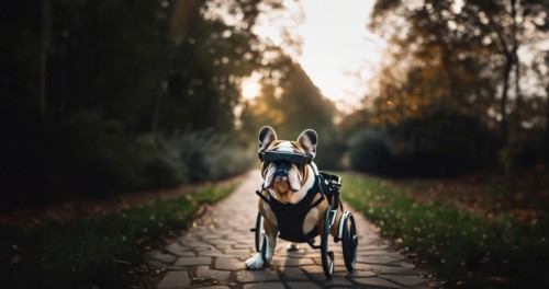 Dog in a wheelchair, pet rehabilitation in technological virtual reality glasses, blind dog, AI