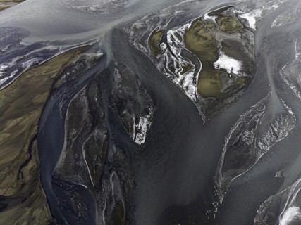 Overgrown river landscape, Eldhraun, near Kirkjubaejarklaustur, drone image, Sudurland, Iceland,