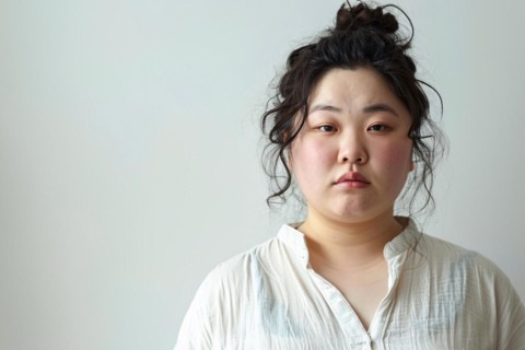 Asian plus size woman in front of light gray background with copy space. KI generiert, generiert,