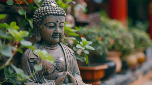 A Buddha statue in a peaceful green setting indicative of a zen garden, image depicting relaxation,
