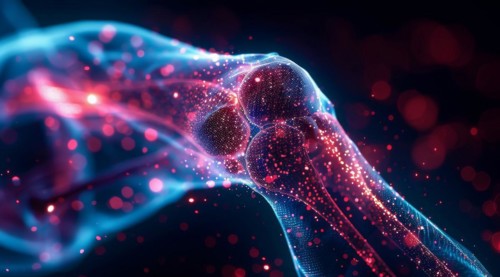 Digital conceptual image of human knee with blue particles and red light connections, ai generated,