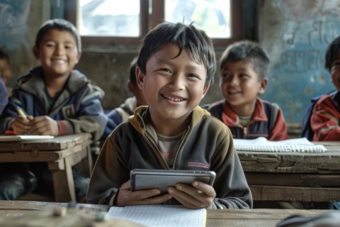 Preschool boy sitting in the classroom with a digital tablet and looking smiling into the camera,