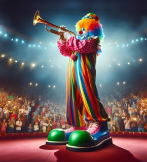 A clown, a musical clown, in mask and costume plays the trumpet in the ring of a circus, AI