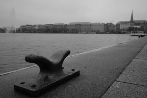 Roller for ship fortification, Inner Alster Lake behind, blurred background, black and white,