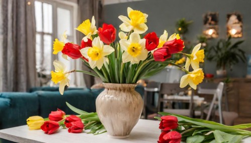 A large bouquet of yellow daffodils and red tulips in a vase stands on the table in the flat, AI