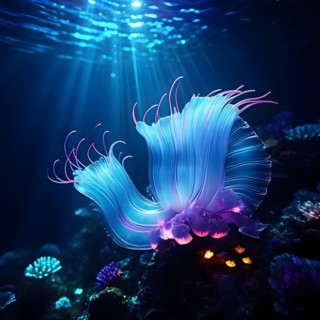 Bristle worms bioluminescent bodies floating in deep ocean, AI generated, deep sea, fish, squid,