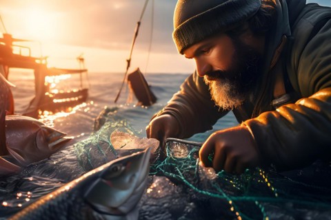 Fisherman meticulously sorting through catch separating valuable fish discarding bycatch, AI