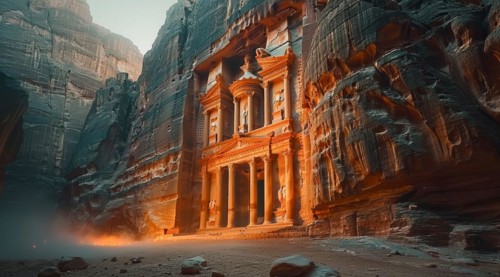 Sunlight illuminates the ancient sandstone facade of Petra in Jordan, casting dramatic shadows, ai