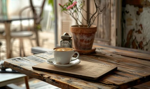A cup of coffee on a wooden table next to a menu in a cozy cafe setting AI generated