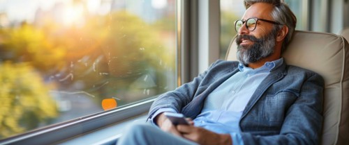 Relaxed man commuting wear lounging with a smartphone in public transport, AI generated