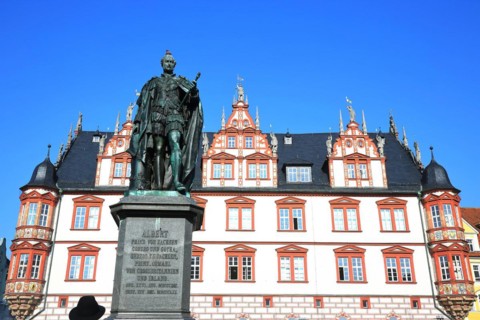 The historic old town centre of Coburg with a view of the statue of Albert Prince of Saxony.