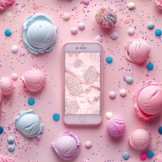 Different Ice cream scoop pattern with pastel hues and scattered toppings in a flat lay composition