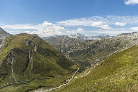 View from the Furka Pass into the Rhone Valley, in the background the serpentines of the Grimsel