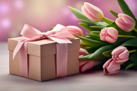 Gift Box with Pink Ribbon Beside bouquet of Fresh Tulips on Bokeh Background. Good for Valentine