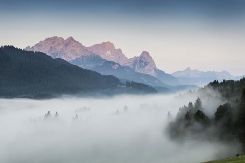 Sunrise and morning fog, Geroldsee or Wagenbruechsee, Kruen near Mittenwald, Werdenfelser Land,