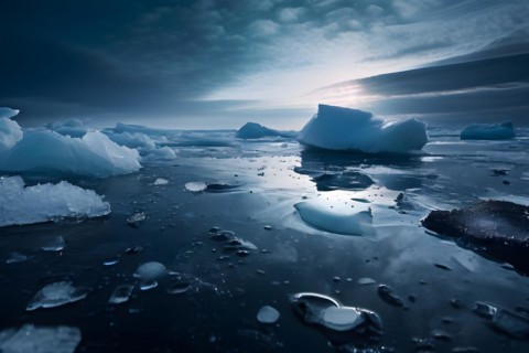 Ice chunks floating in dark oil slicked water showing the impact of oil spills on polar regions, AI