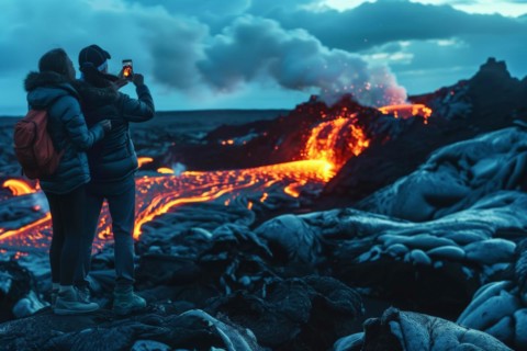 Tourists, onlookers photograph a spectacular volcanic landscape with liquid, partially cooled lava