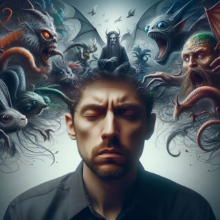 A man has delusions in his head, symbolic image intoxication, narcotic, drug, drug use, fantasies,