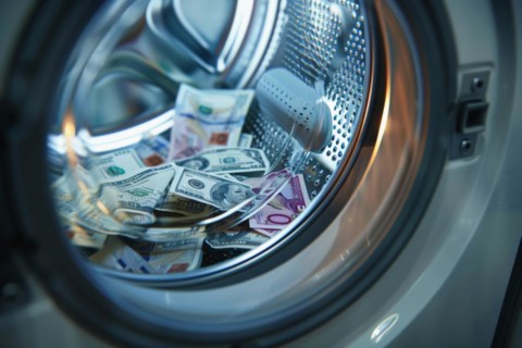 Banknotes lying in a washing machine, symbolic image for money laundering, illegally generated