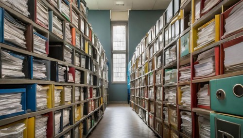Well-organised archive with many files on shelves in an office, symbol bureaucracy, AI generated,