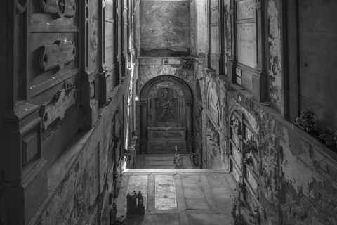 Stairway to the lower burial level, in the Monumental Cemetery, Cimitero monumentale di Staglieno),