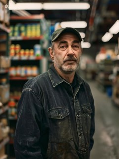 Man in beanie and denim jacket lost in thought at the supermarket, AI generated