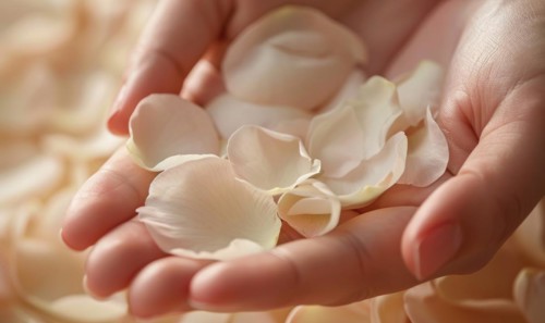 Close-up of a woman's hand with a neutral manicure, adorned with delicate flower petals AI