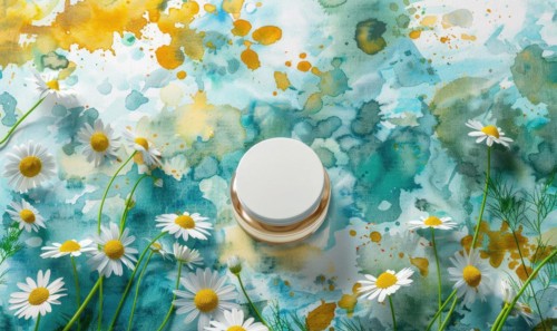 Cosmetic jar blank mockup placed on a serene watercolor chamomile background AI generated